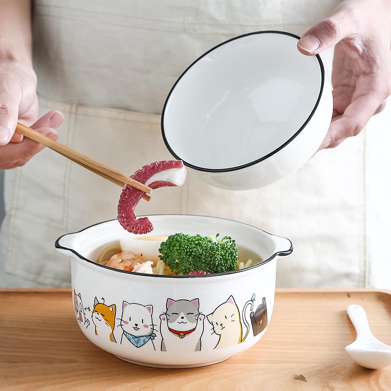 日式陶瓷泡面碗带盖学生宿舍用餐具碗筷套装家用加热饭碗汤碗单个