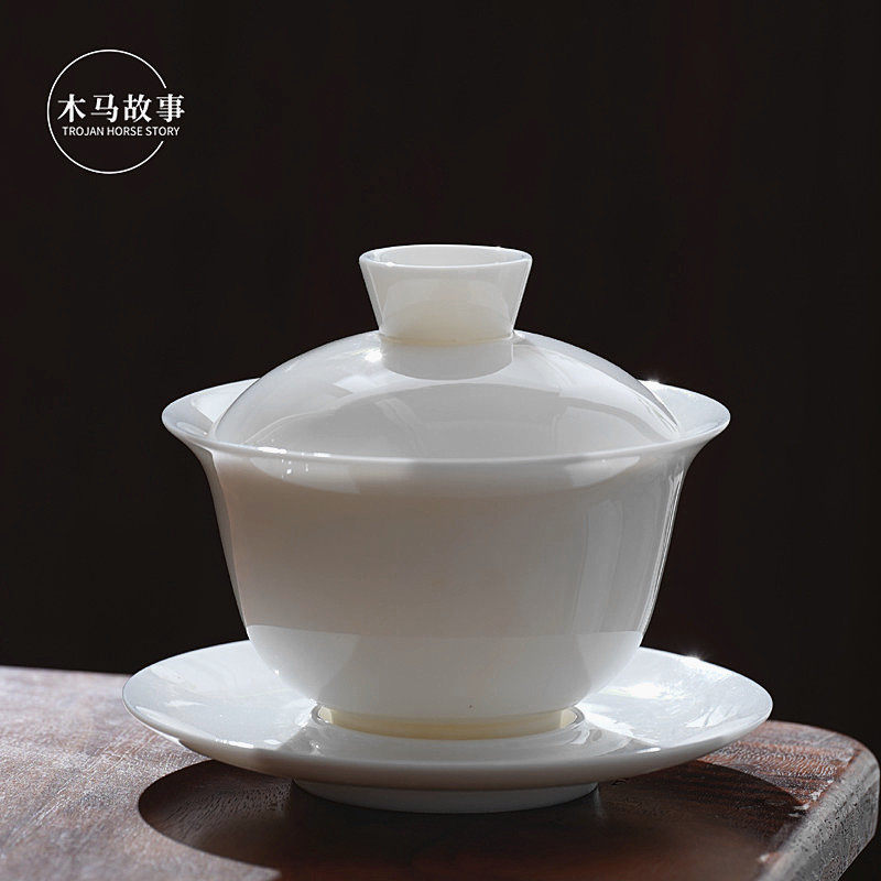德化羊脂玉白瓷盖碗手工陶瓷功夫茶具单个三才泡茶碗茶杯家用大号