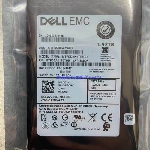 0VJ36D 1.92T 1.92TB SATA 2.5 服务器固态硬盘MTFDDAK1T9TD议价