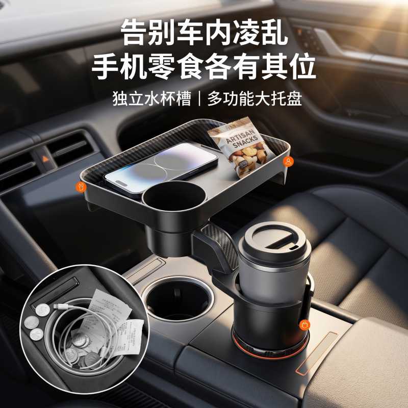 高端车载水杯架多功能可调节车用餐盘手机支架杯槽拓展托盘置物架