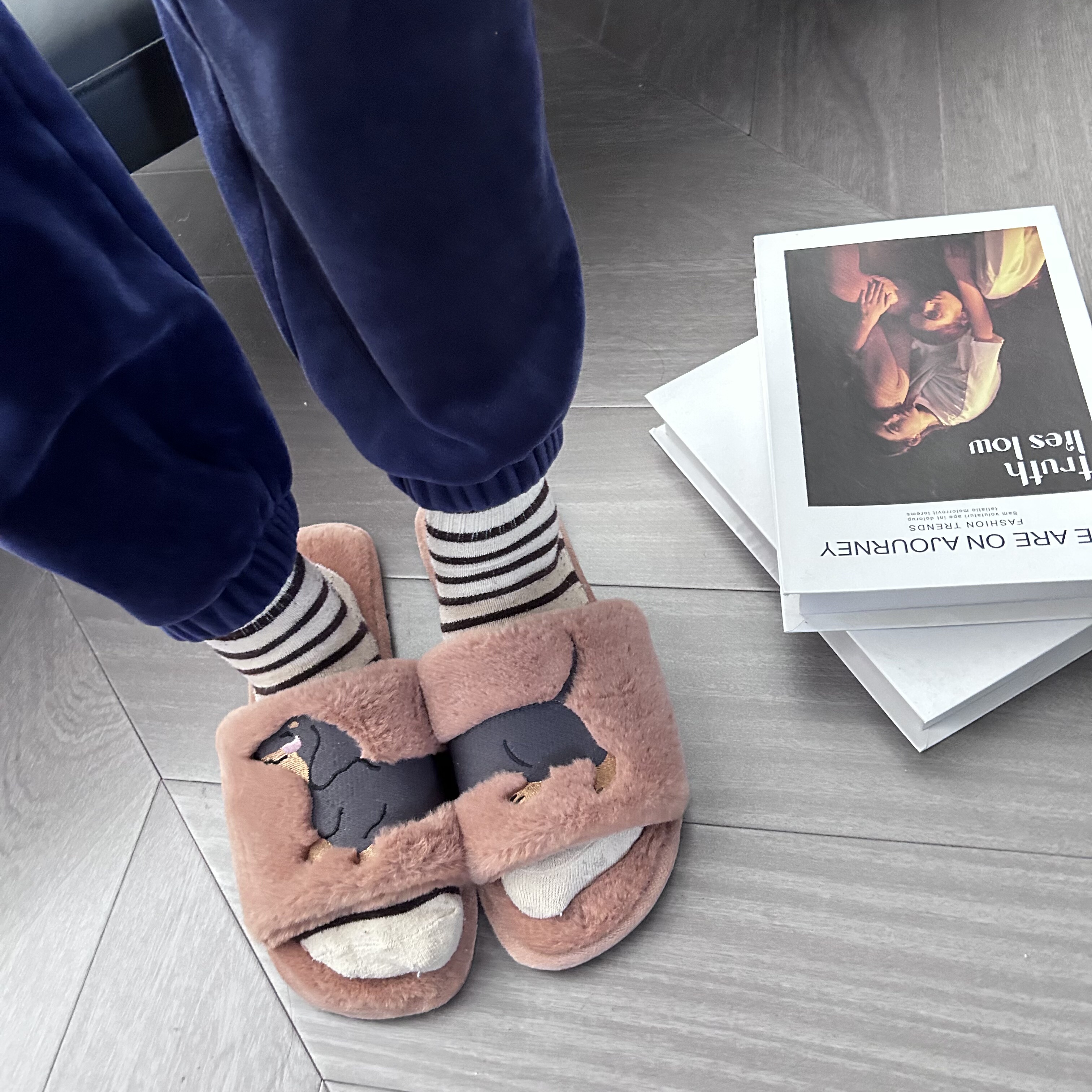 新款秋冬季棉鞋男女情侣款可爱卡通棉拖鞋居家室内棉拖鞋拼接小狗