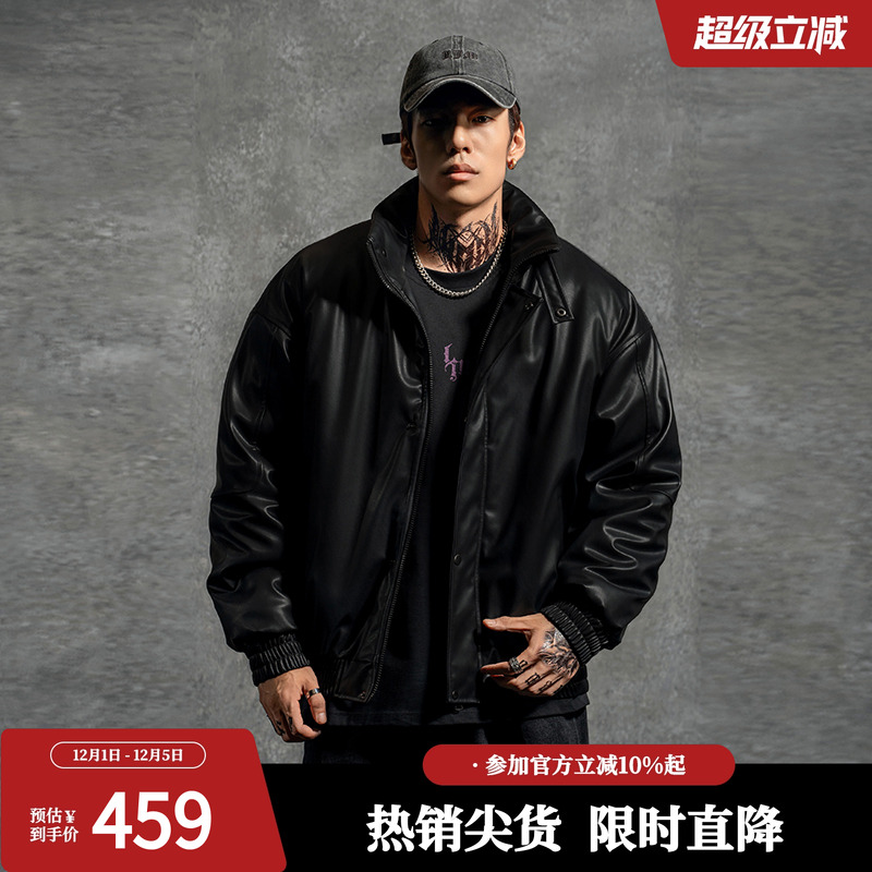 鹿家门新款宽松大码保暖皮夹克棉衣外套冬装男运动健身PU皮棉服男