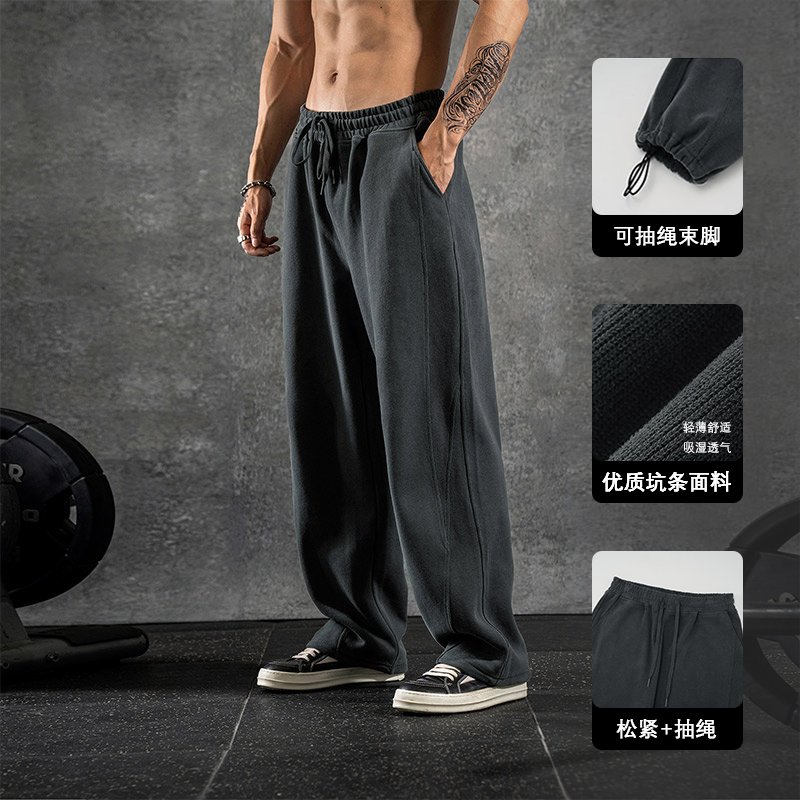 鹿家门美式新款重磅弯刀卫裤直筒休闲宽松大码男士运动健身长裤子