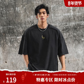 宽松健身运动短袖 鹿家门纯棉做旧复古休闲重磅T恤男夏季 大码 上衣