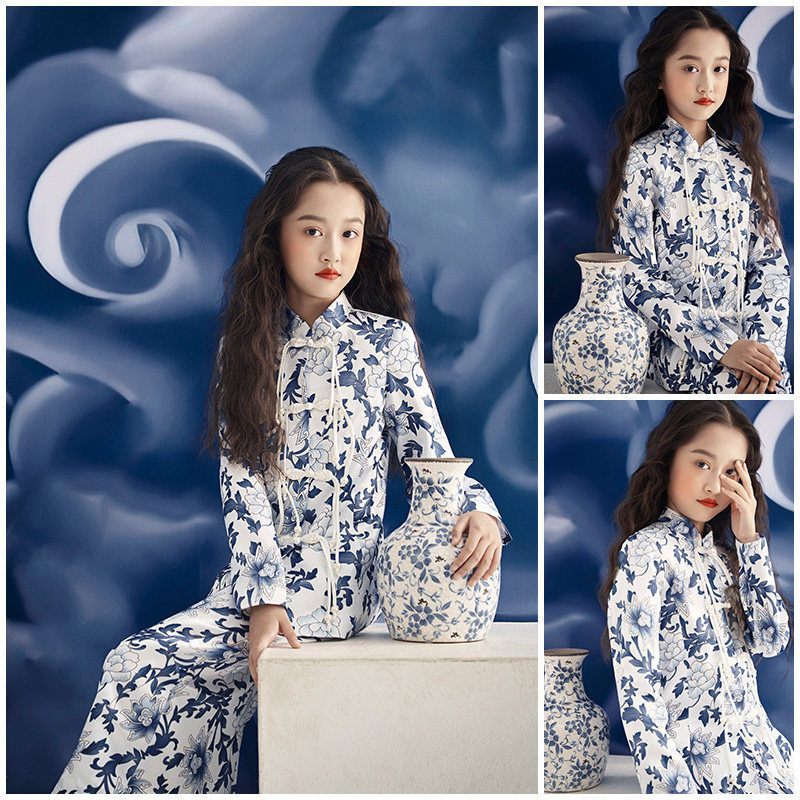 女童拍照衣服裙子青花瓷中国风