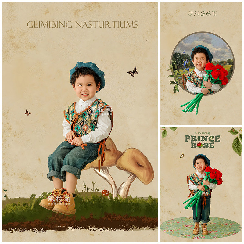 儿童摄影服装道具新款童装拍照衣服复古玫瑰主题影楼写真艺术照