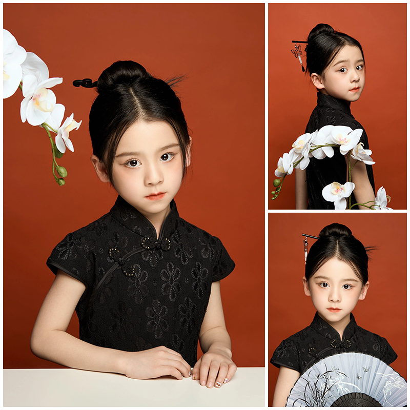 儿童摄影服装新中式证件照古风女童黑色旗袍拍照衣服写真艺术照