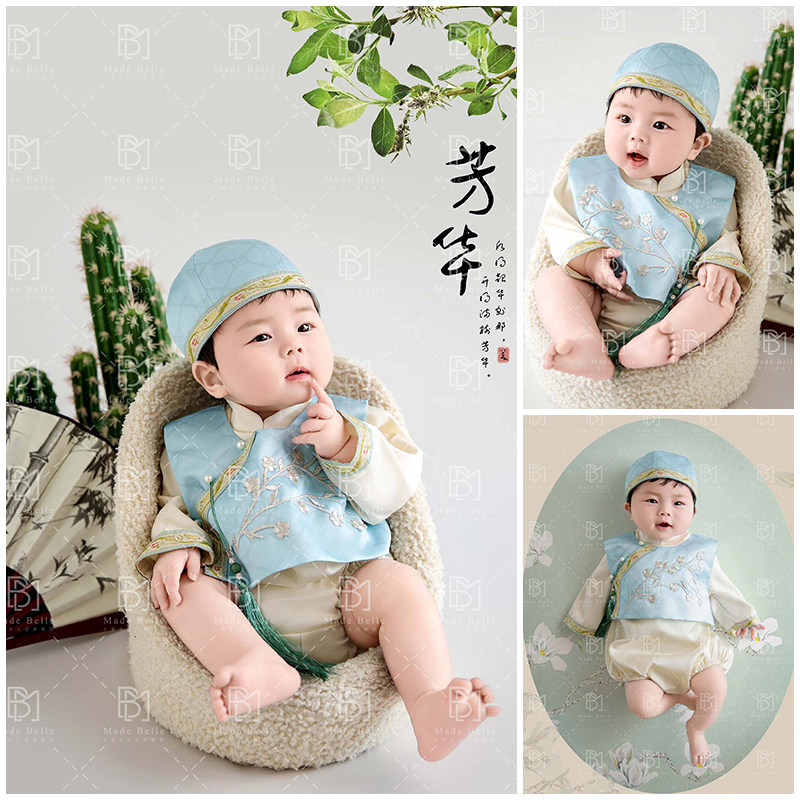 新款儿童摄影道具中国风簪花拍摄衣服宝宝百天拍照服装写真艺术照