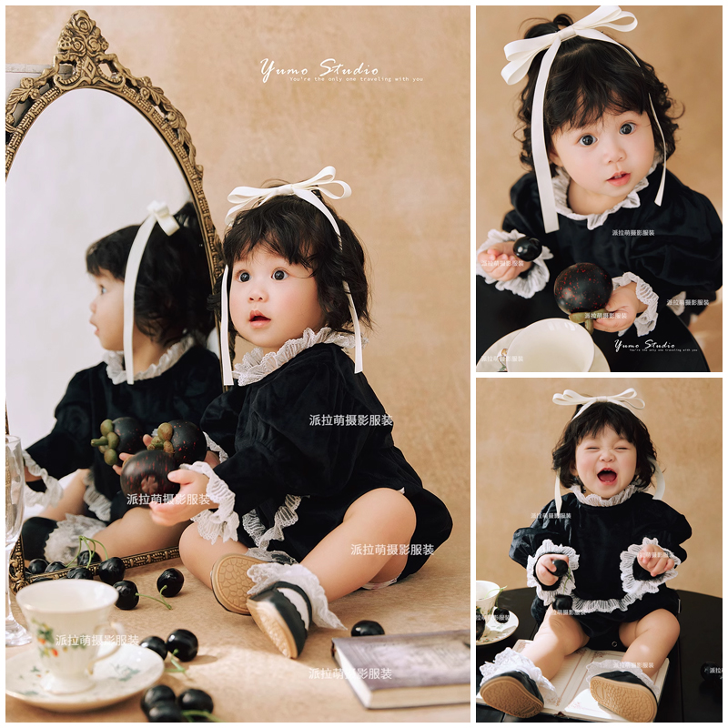 黑色欧式主题儿童摄影服装宝宝百天照周岁照拍照衣服道具写真照