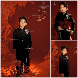 儿童摄影服装6岁-12岁男童拍照衣服剪纸黑色西装男孩主题影楼写真