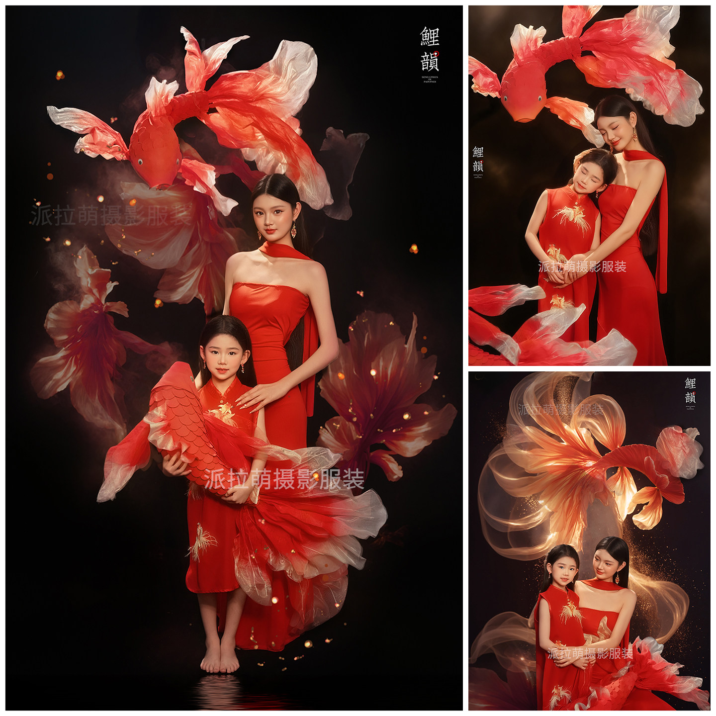 中式艺术照新年红色锦鲤亲子装母女装氛围感中国红礼服影楼写真照