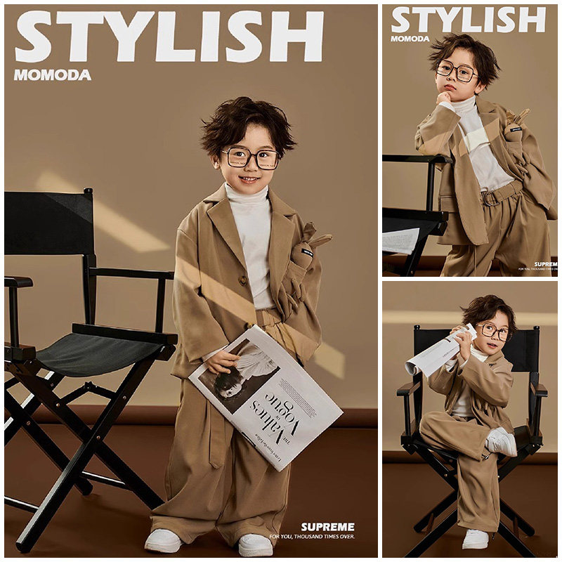 儿童摄影服装卡其色西服男童拍照套装时尚杂志风影楼写真艺术照