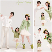 春季 写真绿色春天亲子主题一家三口拍照影楼艺术照 儿童摄影服装