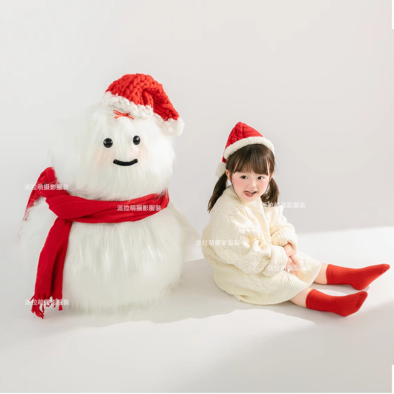 雪人圣诞主题5岁-8岁女童拍照衣服奶白色毛衣小红帽摄影服装道具