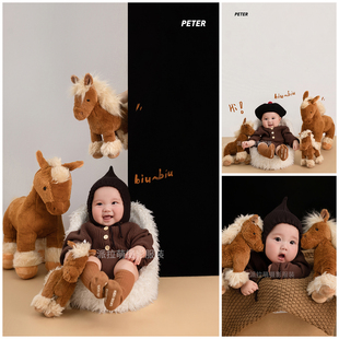 新年小马主题摄影服装宝宝百天周岁照拍照衣服哈衣道具影楼写真照