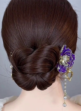 2025新款高级感气质百搭花朵发饰女后脑勺盘发簪头饰紫色牡丹发钗