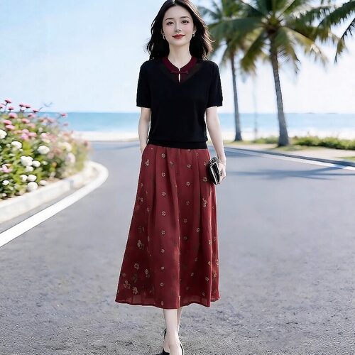 素雅订制女装原创品牌2026夏国风盘扣针织上衣松紧腰印花半裙套装