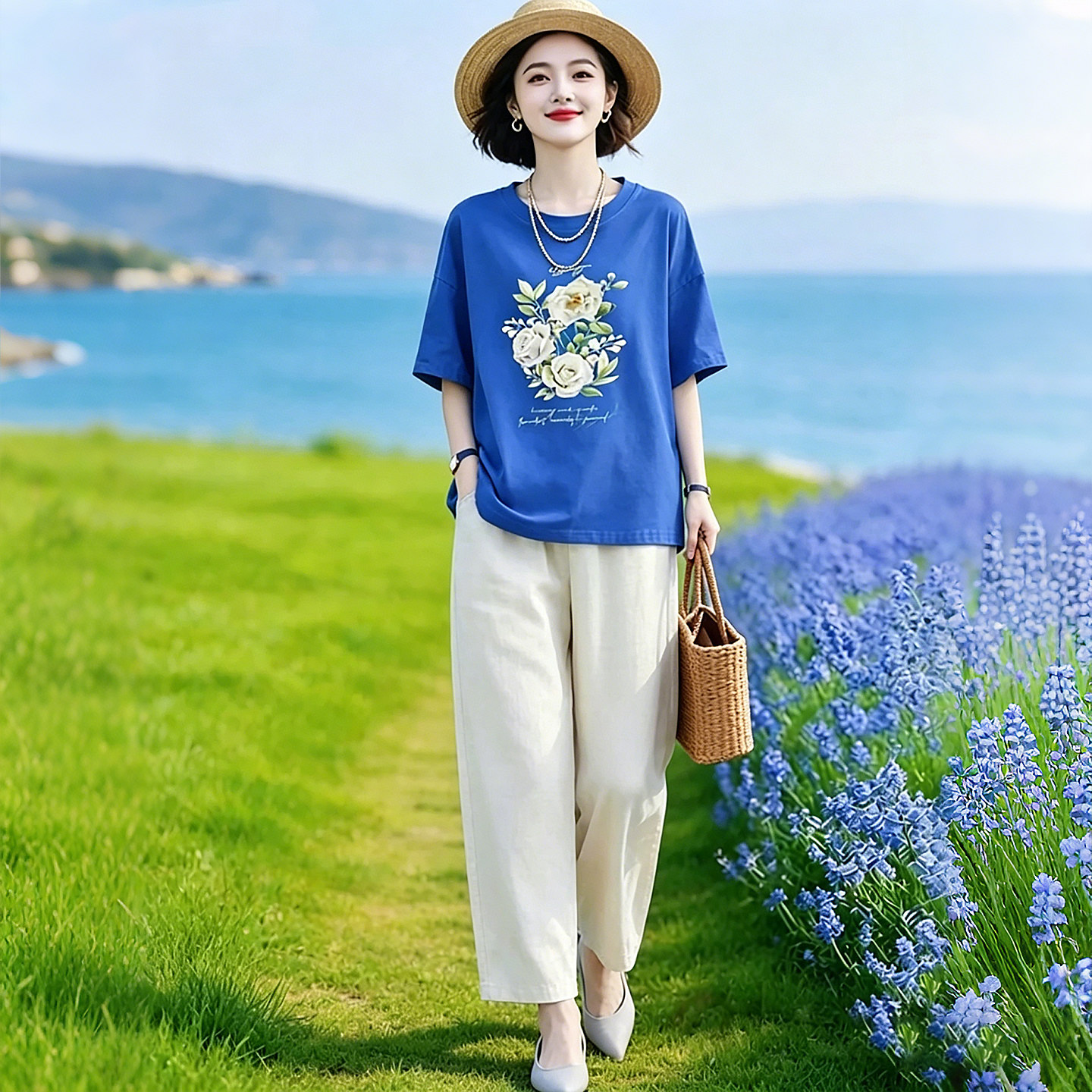 素雅订制女装原创品牌新款夏季短袖印花宽松T恤+松紧腰裤子两件套
