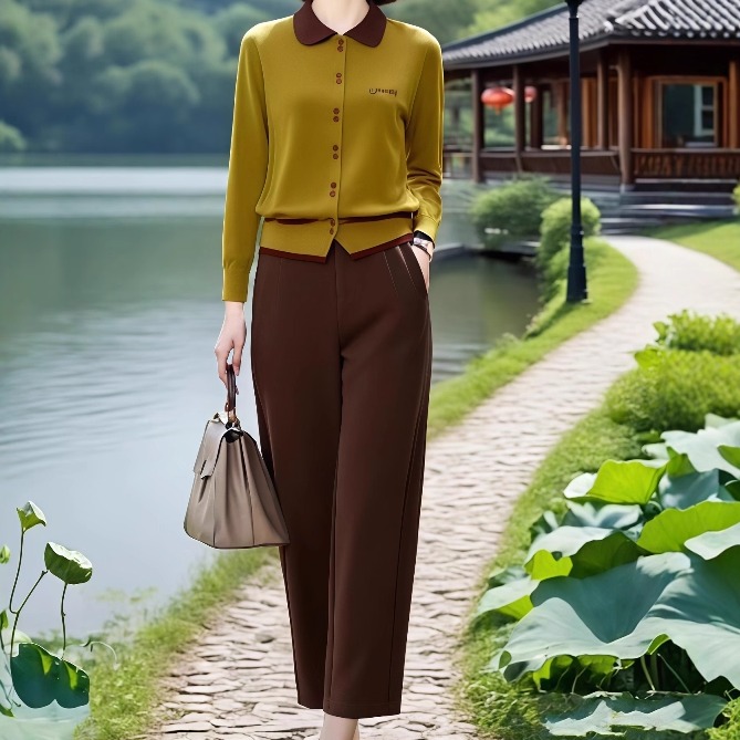 素雅订制女装原创品牌秋冬新款翻领针织衫上衣松紧腰哈伦裤两件套