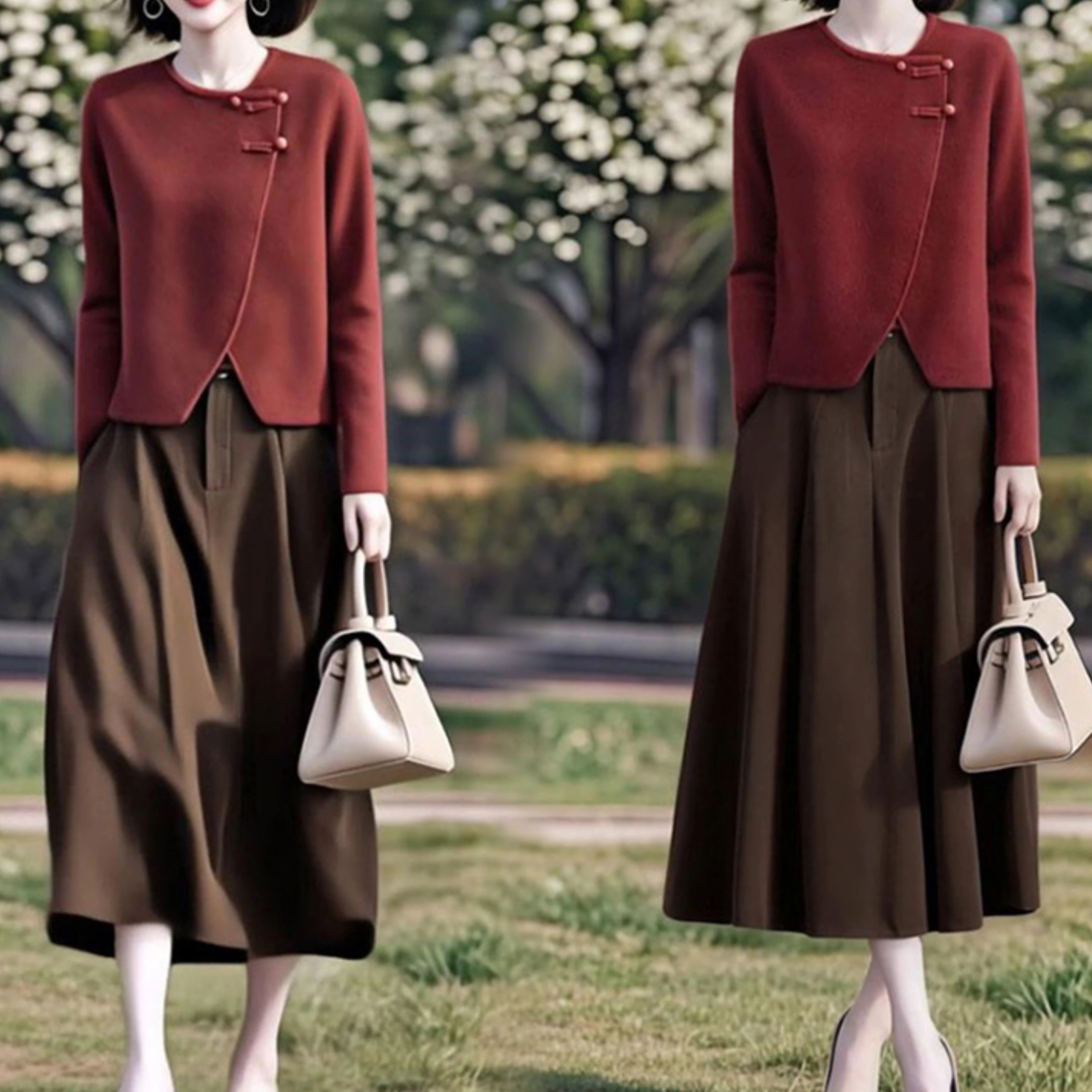 素雅订制女装原创品牌新款国风盘扣新中式针织衫百搭半身裙两件套