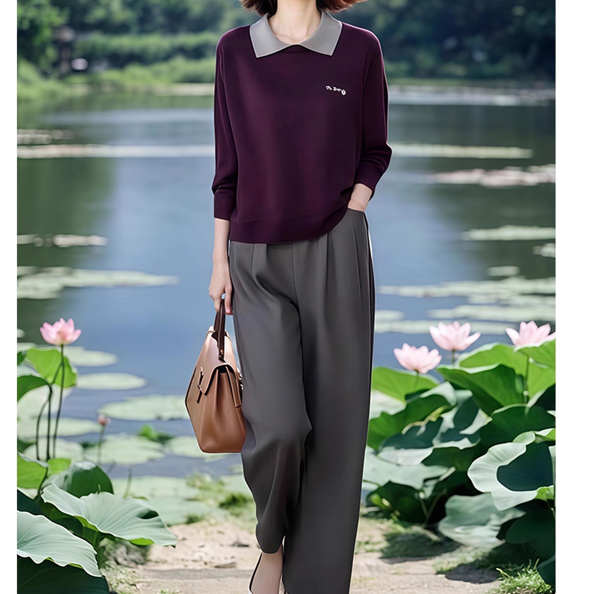 素雅订制女装原创品牌新款假两件翻领针织衫高腰直筒休闲裤两件套