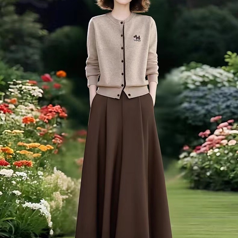 素雅订制女装原创品牌秋季新款时尚百搭针织开衫松紧腰半身裙套装