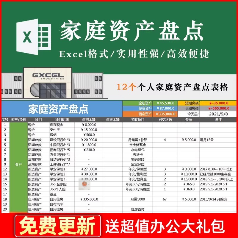 家庭资产盘点表个人净资产明细管理计划计算清单统计配置理财模板