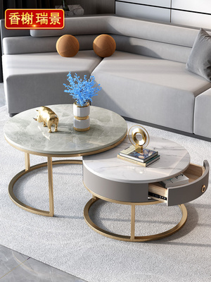 轻豪华意大利石板咖啡桌餐桌客厅家庭小公寓简单现代北欧风格圆形