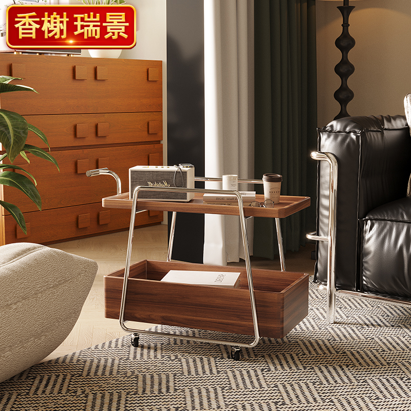 中古风茶边几可移动带轮实木小推车置物架客厅沙发边几卧室床头柜