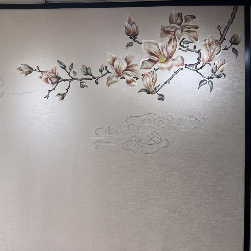 独绣刺绣无缝壁布花鸟玉兰花香客厅电视沙发背景墙布新中式独秀