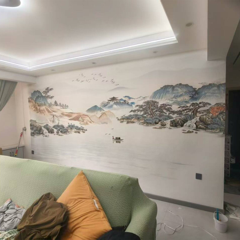 刺绣新中式背景墙布印加绣山水