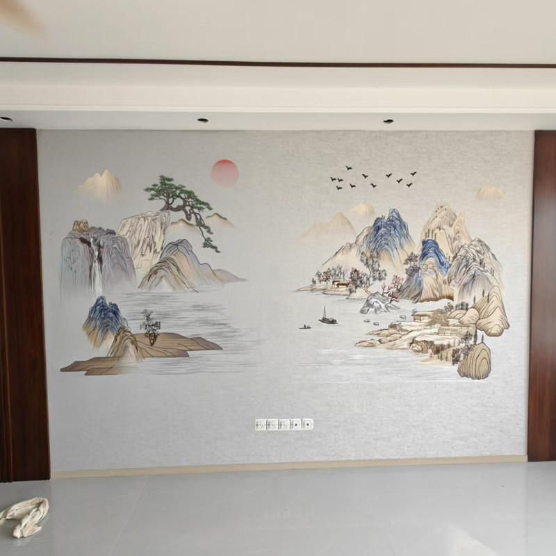 独绣刺绣无缝壁布山水溪山隐秀客厅电视沙发背景墙布新中式独秀
