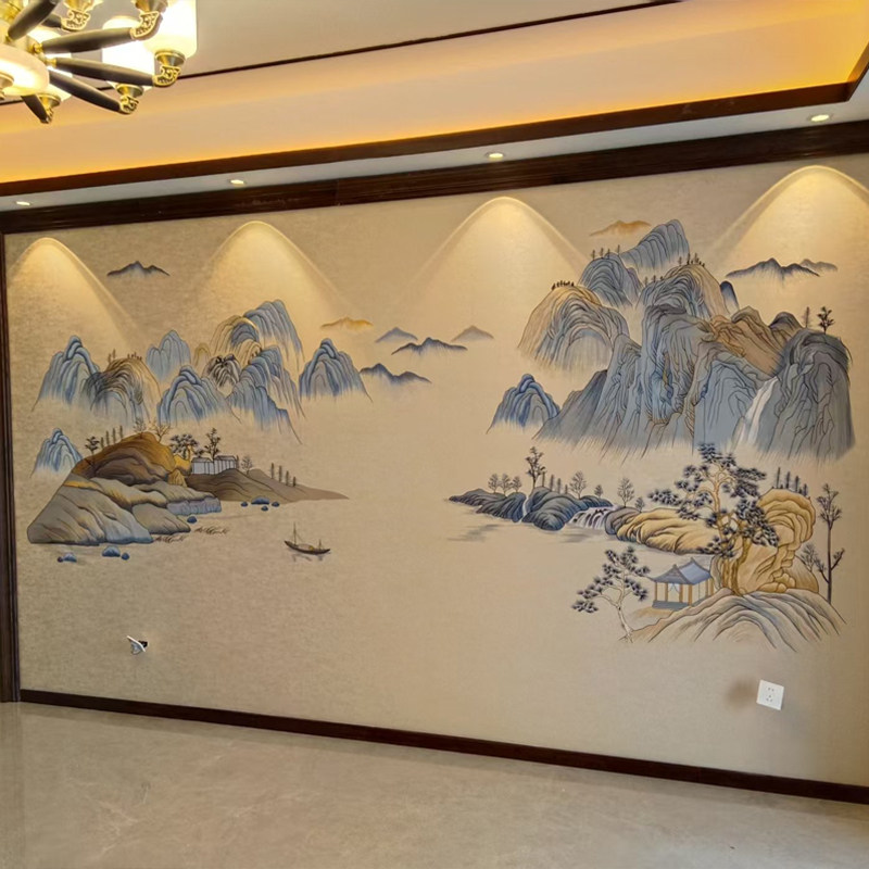 独绣刺绣无缝壁布山水悠然山居客厅电视沙发背景墙布新中式独秀