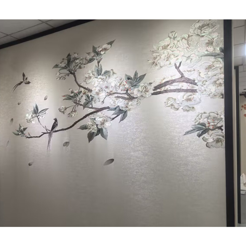 独绣刺绣无缝壁布花鸟玉兰芬芳客厅电视沙发背景墙布新中式独秀