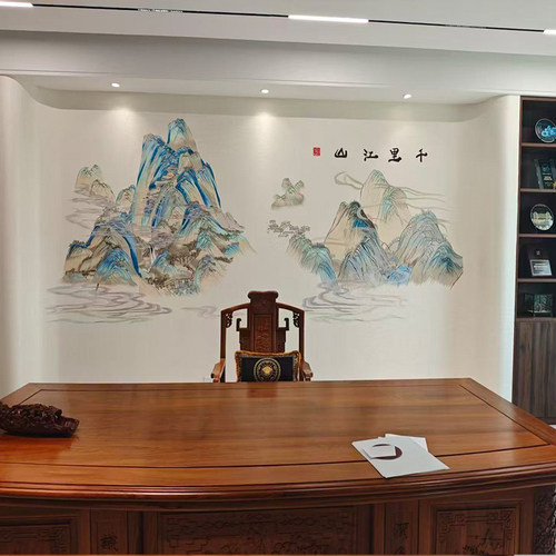 独绣刺绣无缝壁布山水千里江山客厅电视沙发背景墙布新中式独秀
