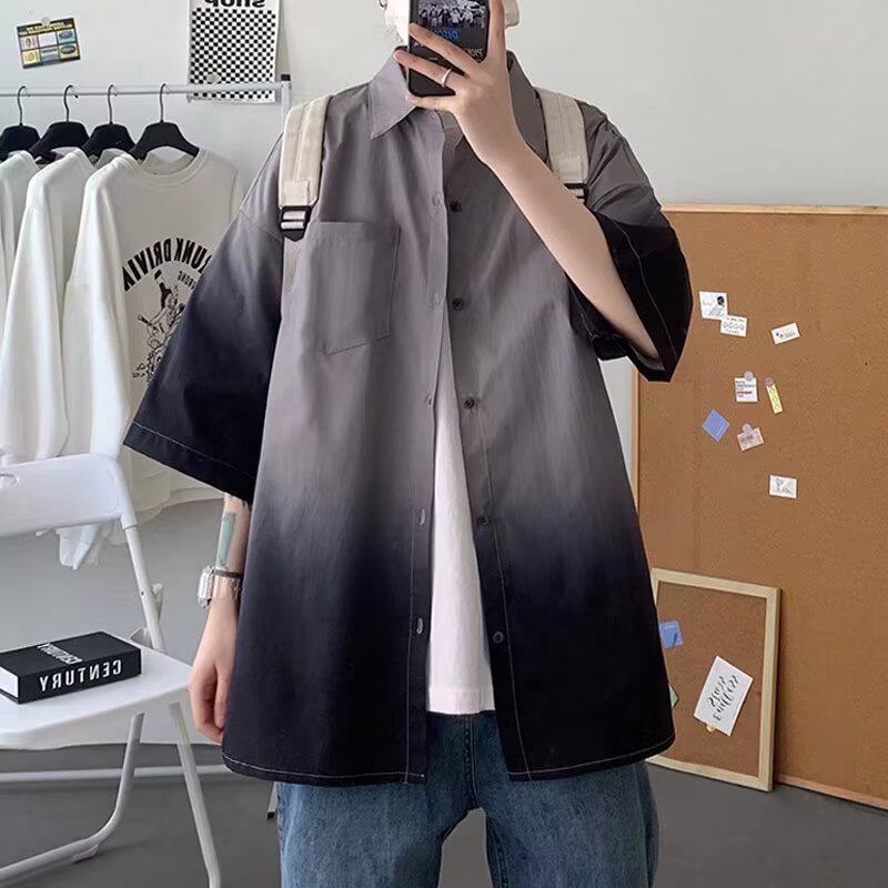 渐变色夏季短袖衬衫男生宽松休闲衬衫