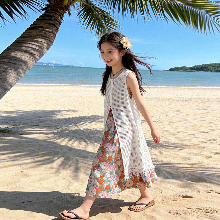 女童连衣裙儿童夏装裙子2026新款洋气亲子度假沙滩裙吊带裙两件套