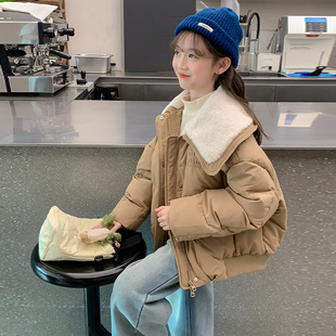 女童加厚棉服冬装短款外套2025新款儿童洋气冬季翻领羽绒棉衣大童