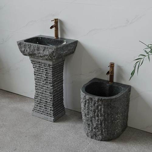 天然石头洗手盆户外庭院洗脸立柱盆一体大理石阳台室外花园水池槽