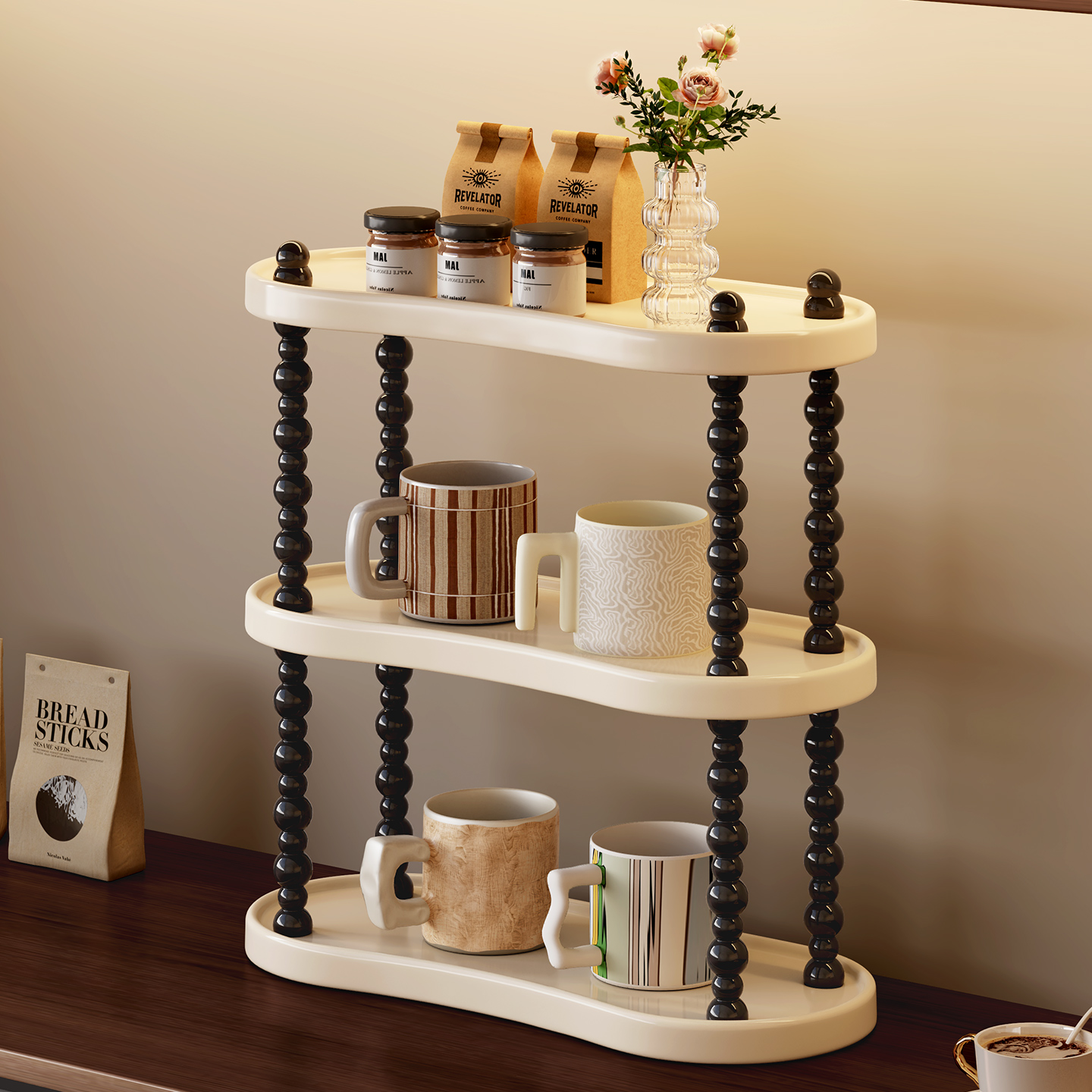 奶油风杯子收纳置物架桌面水杯茶杯收纳架餐桌三层高颜值马克杯架