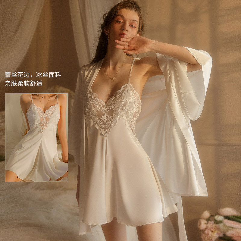 性感睡衣女款带胸垫春秋季冰丝吊带睡裙两件套家居服