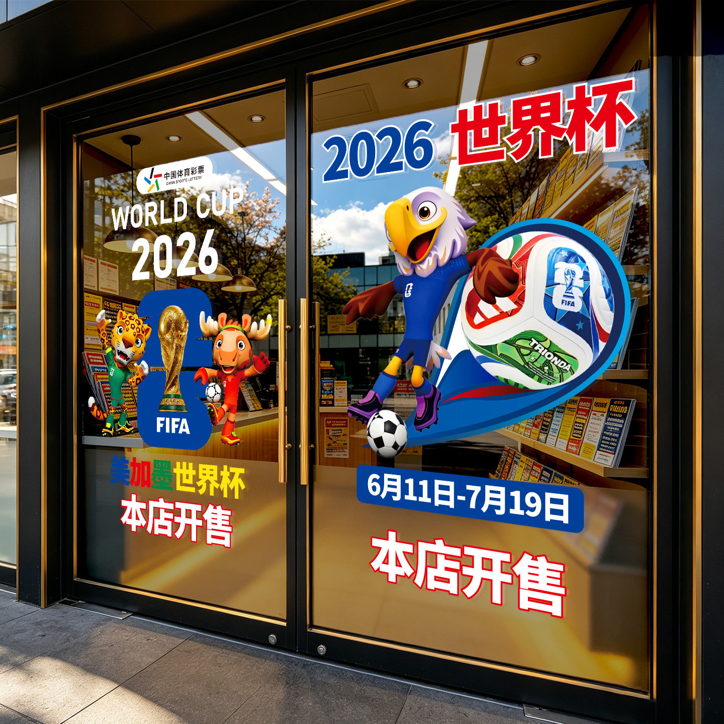 2026世界杯主题玻璃贴美加墨足球布置装饰体育彩票店静电橱窗门贴