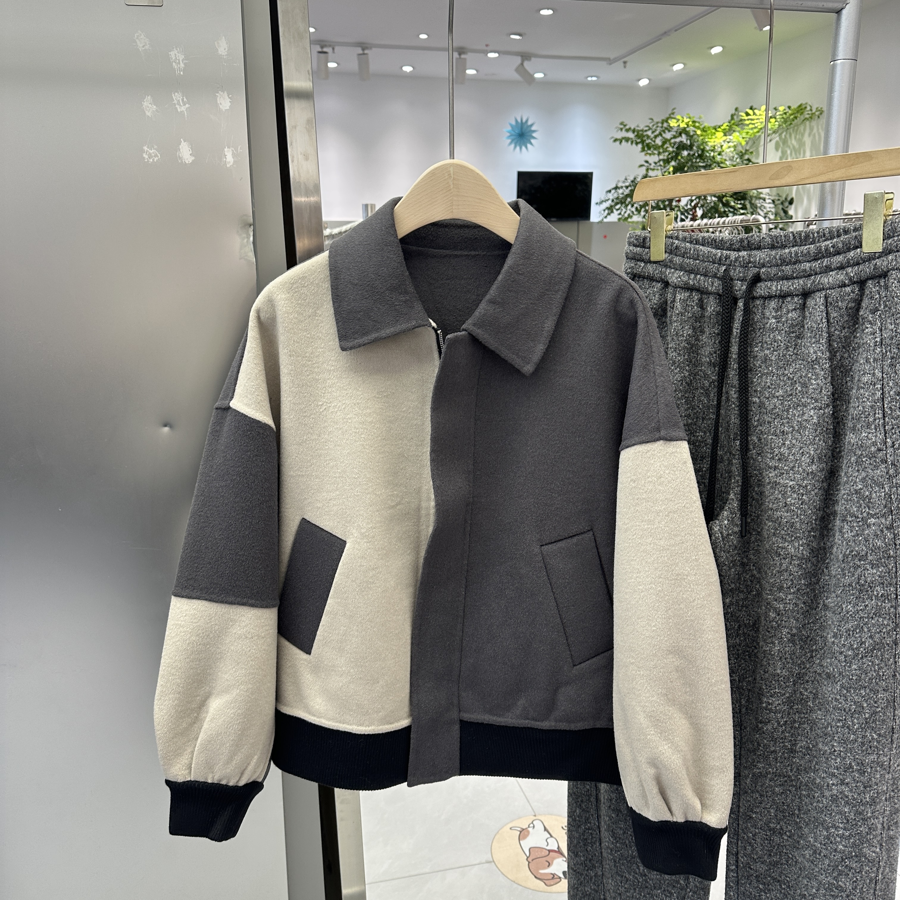 撞色拼接毛呢外套男士小香风秋冬季休闲百搭上衣高端羊毛呢子夹克