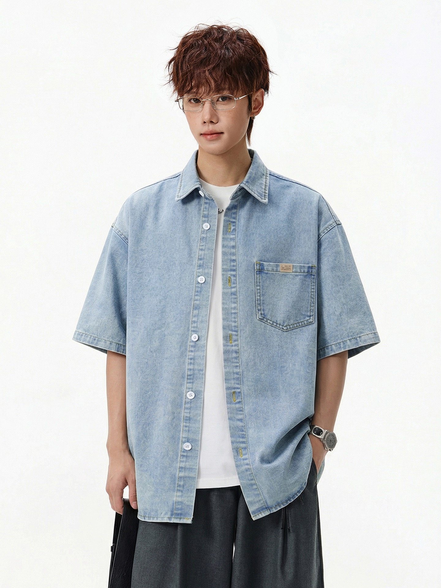 潮牌美式复古水洗牛仔短袖衬衫男春夏款日系宽松休闲做旧衬衣外套,男装,牛仔衬衫,淘宝优惠券,粉丝福利购,淘宝优惠卷