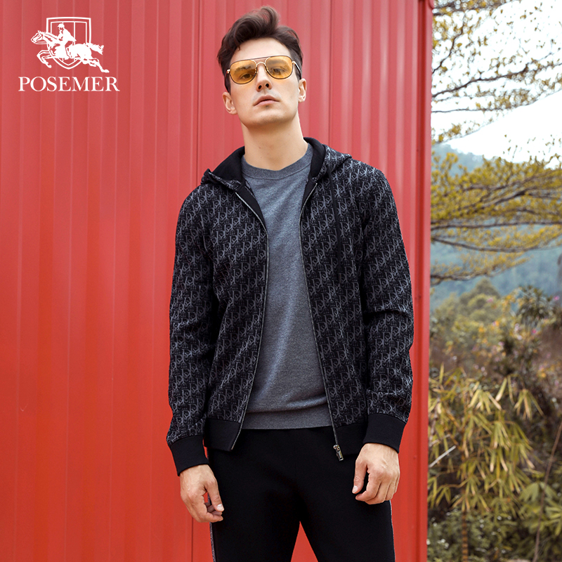 Posemer堡马2024秋冬休闲时尚连帽立领夹克外套男士保暖针织上衣