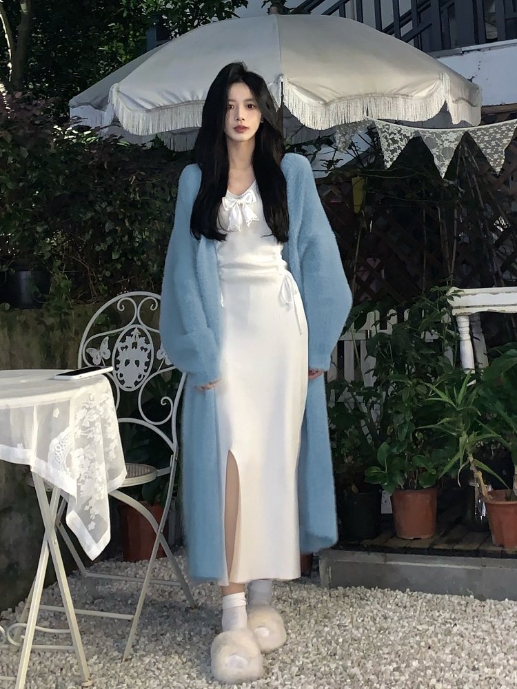 一颗甜桃yikett冬日篇初.雪 冬日恋人纯欲蓝色长款开衫白色针织裙,女装/女士精品,毛针织衫,淘宝优惠券,粉丝福利购,淘宝优惠卷