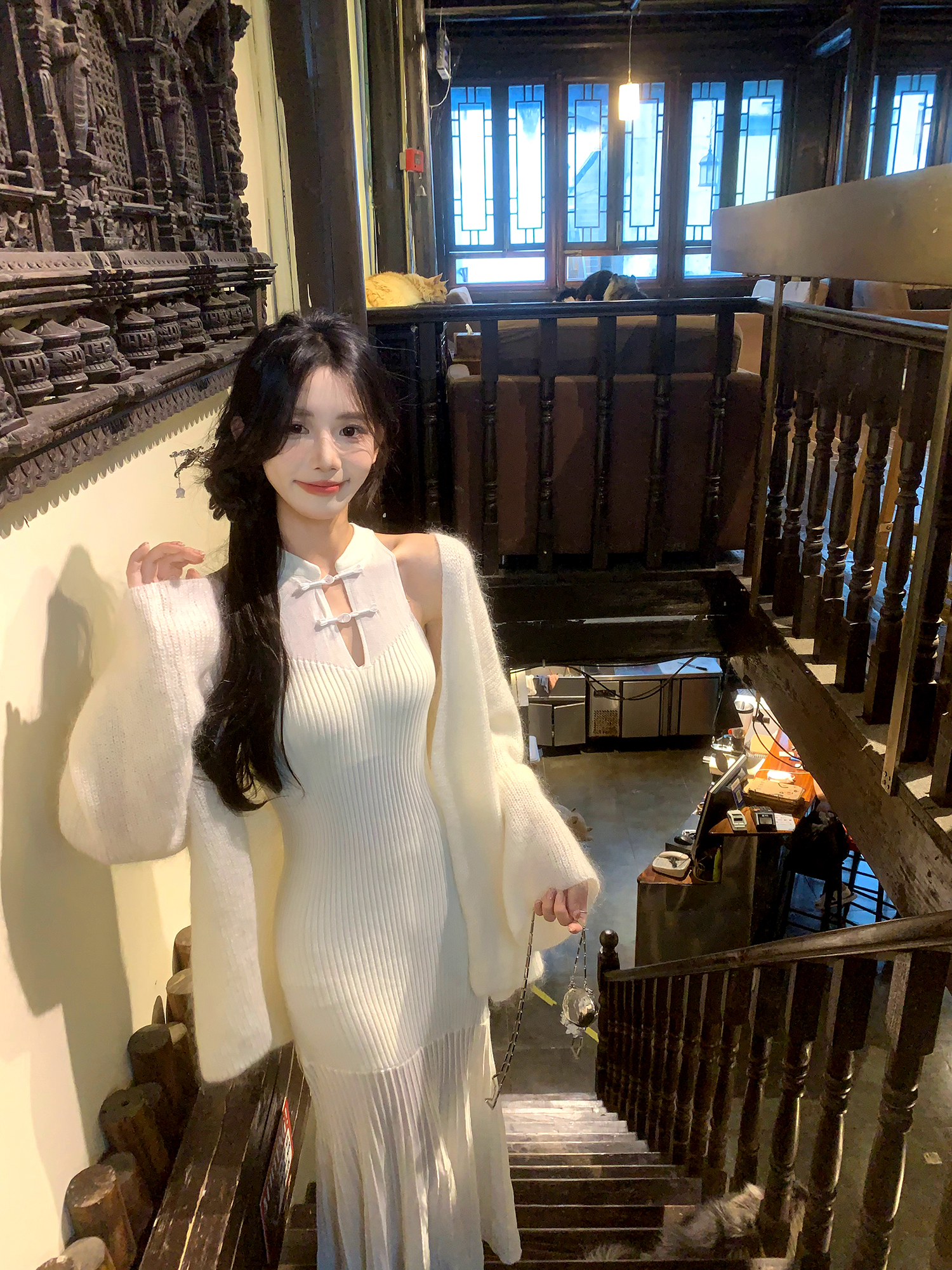 一颗甜桃yikett《月光白茶》长裙显瘦旗袍领针织连衣裙女仙女裙