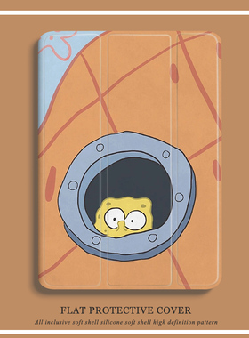 适用ipad2020平板保护壳海绵宝宝10.2寸Air4苹果创意Pro2021保护套三折mini52017/2018 9.7透明Air3/2笔槽款