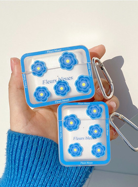 新品蓝色花朵适用苹果蓝牙耳机保护套方块airpods 3防摔蓝牙无线耳机套油画花二代ipod3三代pro透明4硅胶软壳