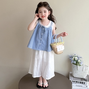 吊带上衣两件套夏 女童甜美蕾丝格子套装 夏装 2025新款 儿童拼接无袖
